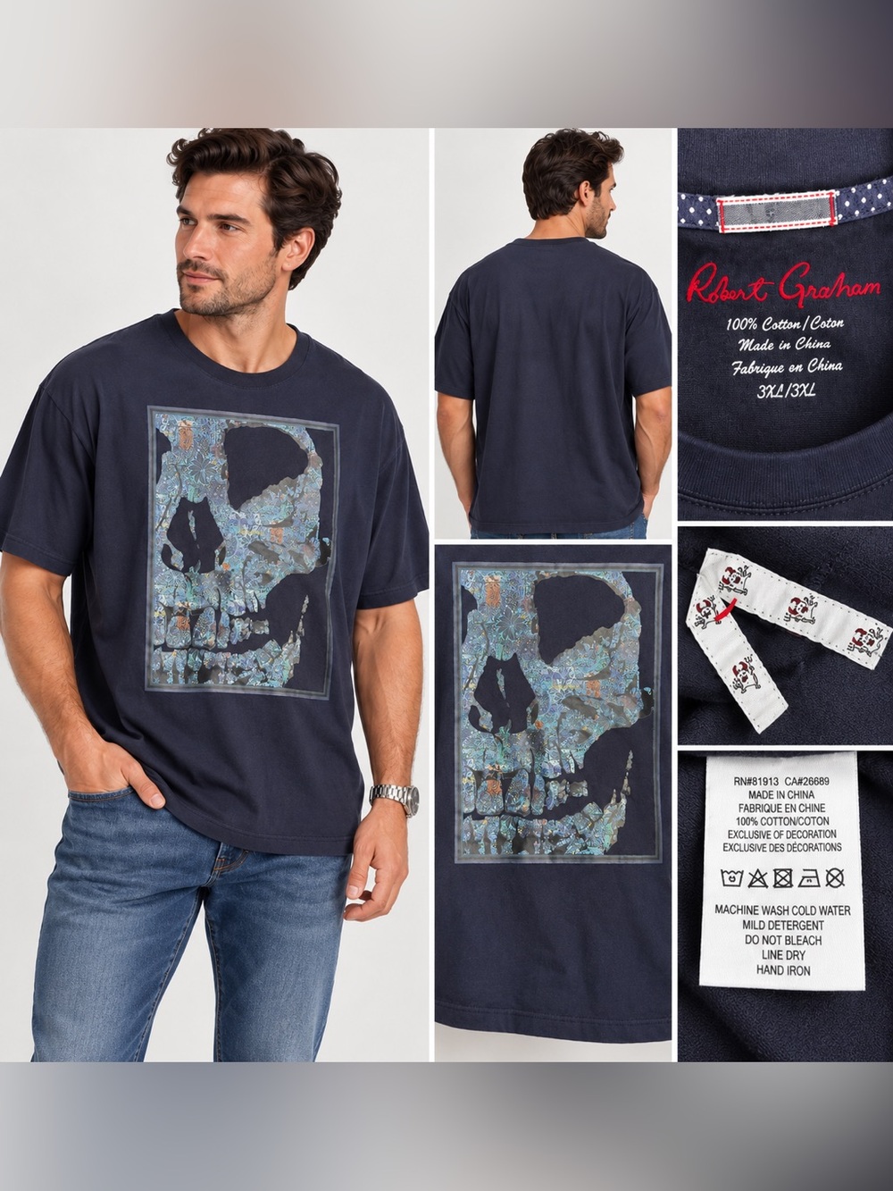 Robert Graham Men’s 3XL Skull Graphic T-Shirt Navy Paisley 100% Cotton